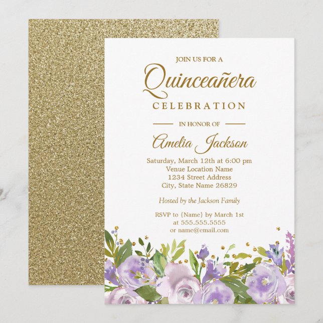 Convites Brilho Floral Roxo Dourado Quinceanera (Frente/Verso)
