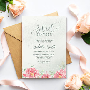 Convites Brilho Floral Verde Suave e Rosa Aniversário de 16