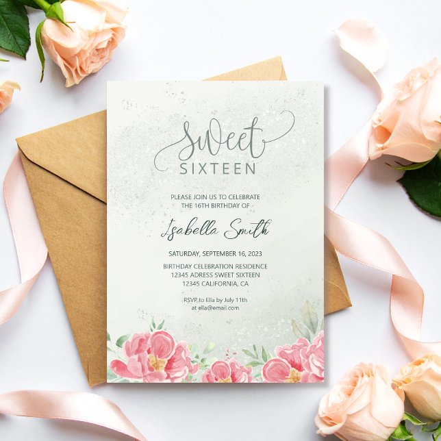 Convites Brilho Floral Verde Suave e Rosa Aniversário de 16 (Criador carregado)