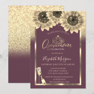 Convites Brilho, Girassóis, Tiara Burgundy Quinceanera 