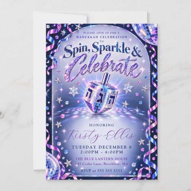 Convites Brilho Giratório Hanukkah (Frente)
