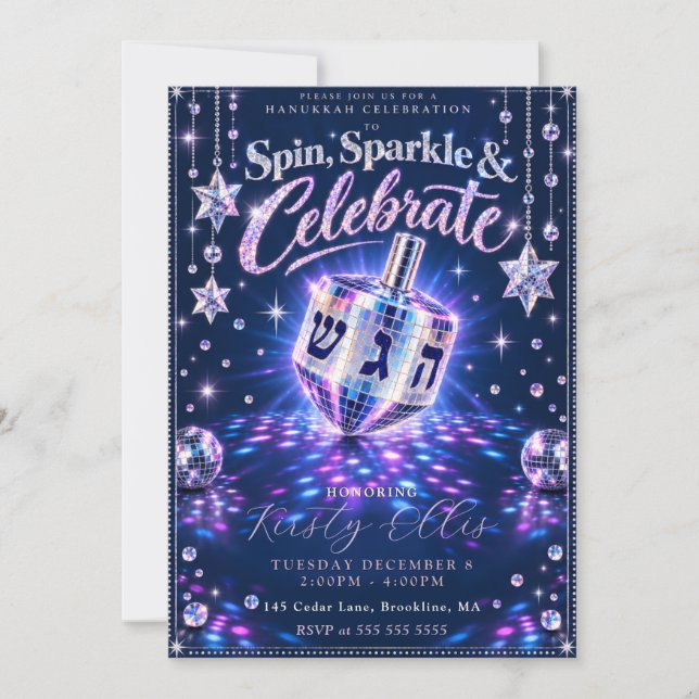 Convites Brilho Giratório Hanukkah (Frente)