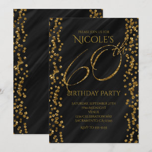 Convites Brilho Glam Preto e Dourado Falso 60 Aniversário d