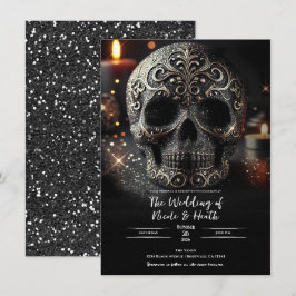 Convites Brilho Glam Preto Glitter Caveira Casamento Gótico