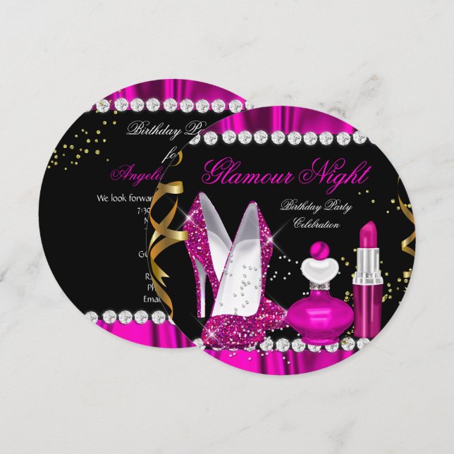 Convites Brilho Glamour Noite Rosa Fundo Dourado Preto Fest (Frente/Verso)