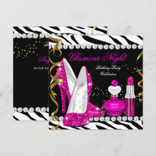 Convites Brilho Glamour Noite Zebra Rosa Fundo Dourado Pret