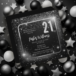 Convites Brilho Glamouroso   Estrelas Prata Aniversário de 