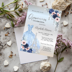 Convites Brilho Gostas,Vestido,Rosas Azuis Quinceañera