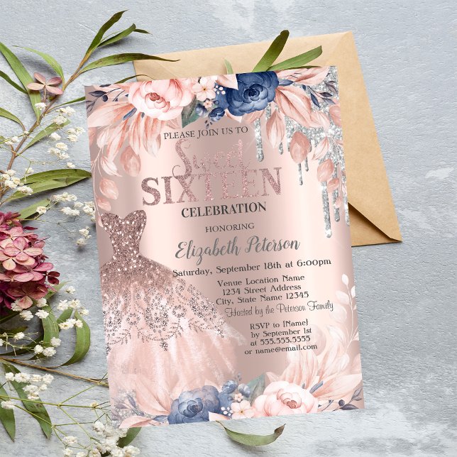 Convites Brilho Goteja,Vestido,Flores Rosa Dourado Doce 16 (Criador carregado)
