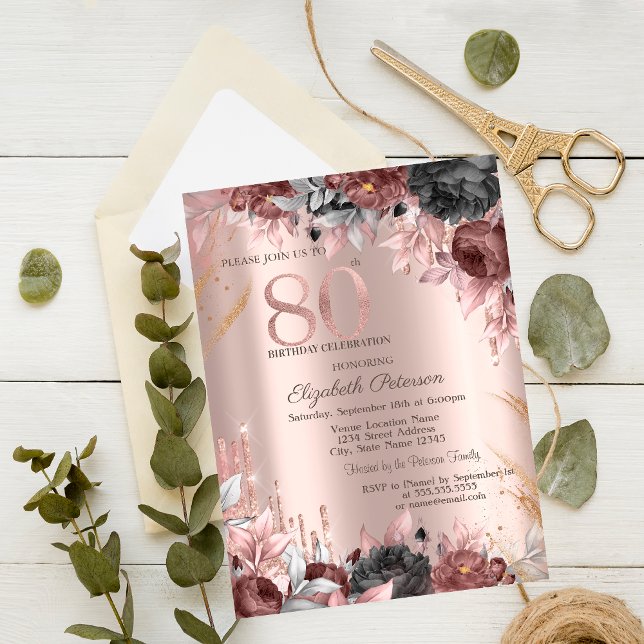 Convites Brilho Gotejante Chique Floral 80º Aniversário (Criador carregado)