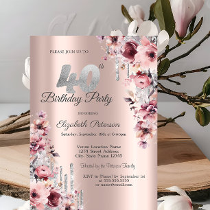Convites Brilho Gotejante Rosa Dourado Floral 40º Aniversár