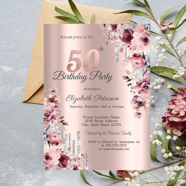 Convites Brilho Gotejante Rosa Dourado Floral 50º Aniversár (Criador carregado)
