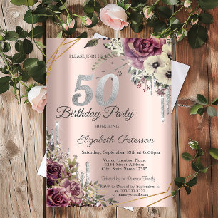 Convites Brilho Gotejante Rosa Dourado Floral 50º Aniversár