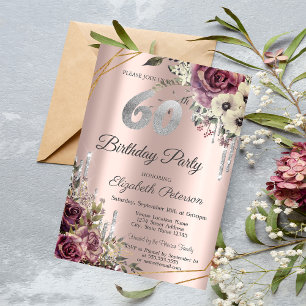 Convites Brilho Gotejante Rosa Dourado Floral 60º Aniversár