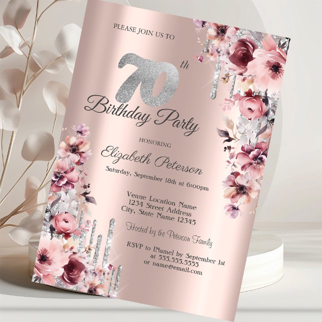 Convites Brilho Gotejante Rosa Dourado Floral 70º Aniversár (Criador carregado)