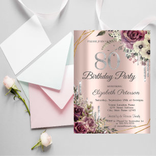Convites Brilho Gotejante Rosa Dourado Floral 80º Aniversár