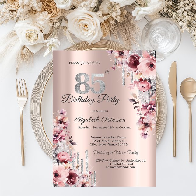 Convites Brilho Gotejante Rosa Dourado Floral 85º Aniversár (Criador carregado)