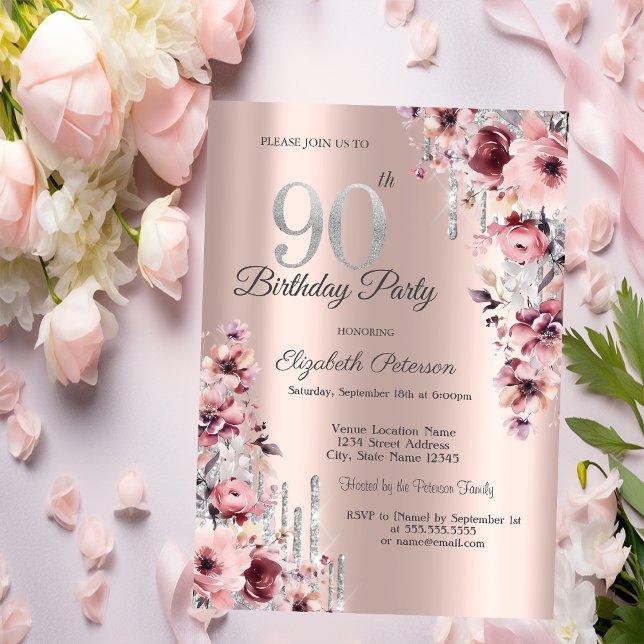 Convites Brilho Gotejante Rosa Dourado Floral 90º Aniversár (Criador carregado)