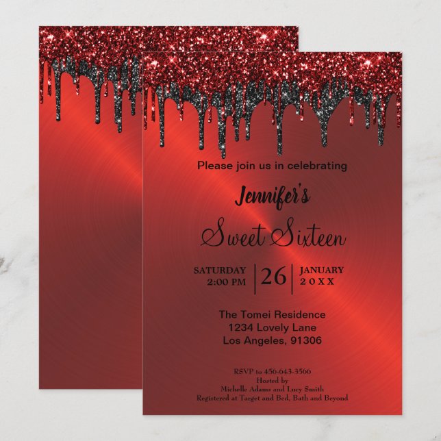 Convites Brilho metálico vermelho Sweet Sixteen (Frente/Verso)