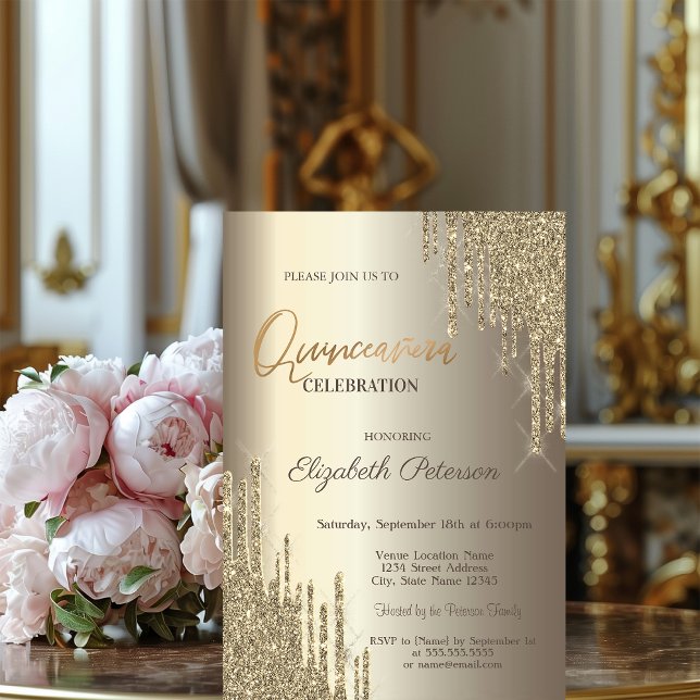 Convites Brilho Moderno Gotejante Champanhe Dourado Quincea (Criador carregado)