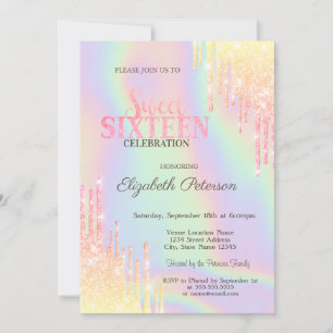 Convites Brilho Moderno Holográfico Sweet 16