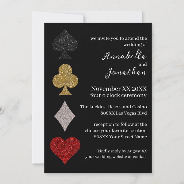 Convites Brilho no Casamento no Cassino de Las Vegas Preto (Frente)