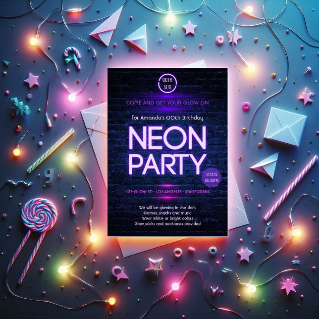 Convites Brilho no Partido Preto do Neon Negro (Glow in the Dark Neon Themed Party Invitation)