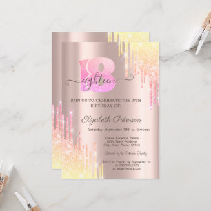 Convites Brilho Ombre Chic Gotejante Rosa Dourado Aniversár