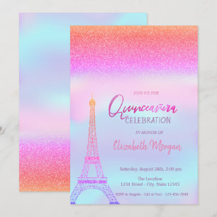 Convites Brilho Ombre,Torre Eiffel holográfica Quinceanera