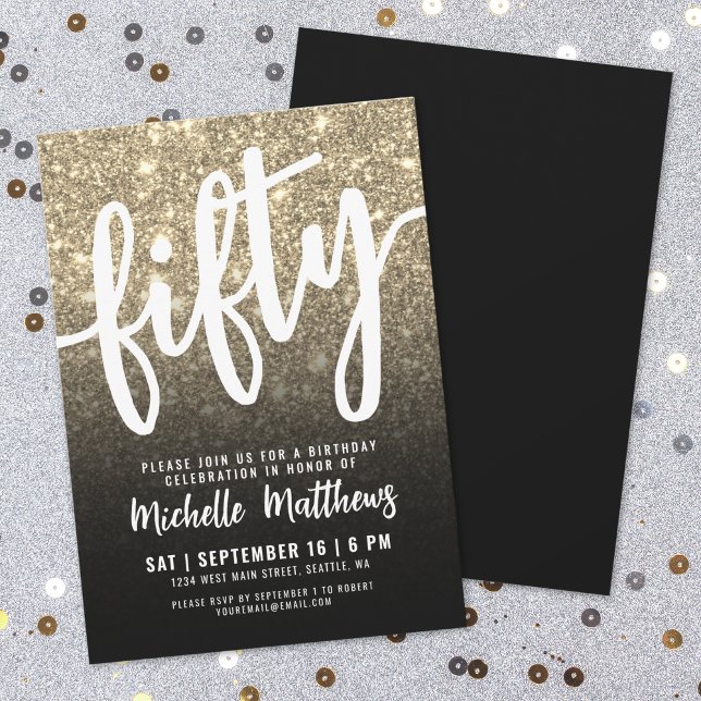 Convites Brilho Ouro Negro 50º Aniversário (Black Gold Glitter 50th Birthday Invitation)