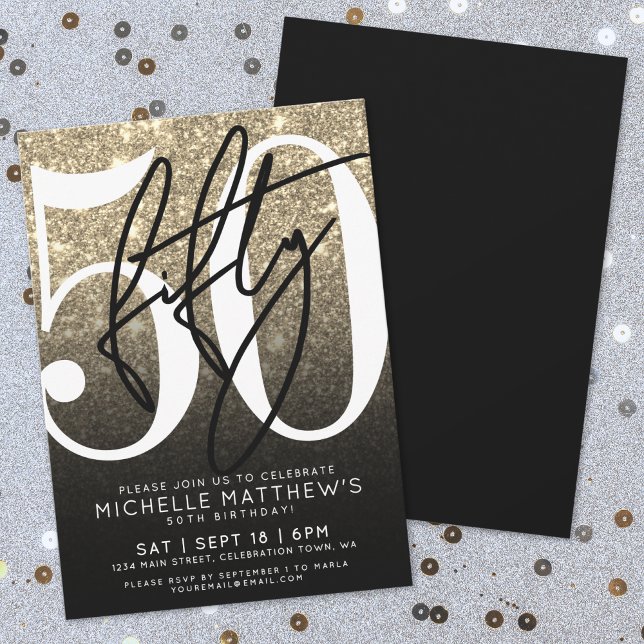 Convites Brilho Ouro Negro 50º Aniversário (Black Gold Glitter 50th Birthday Invitation)