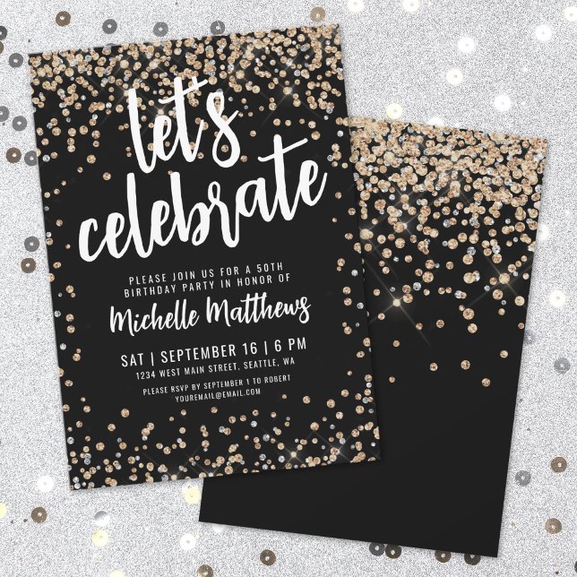 Convites Brilho Ouro Negro 50º Aniversário (Black Gold Glitter 50th Birthday Invitation)