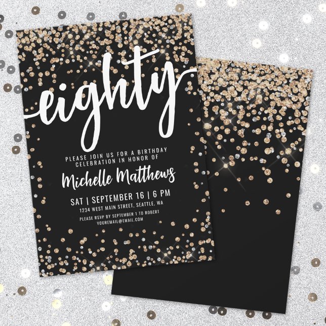 Convites Brilho Ouro Negro 80º Aniversário (Black Gold Glitter 80th Birthday Invitation)