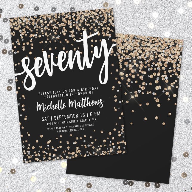 Convites Brilho Ouro Negro Aniversário de 70 anos (Black Gold Glitter 70th Birthday Invitation)