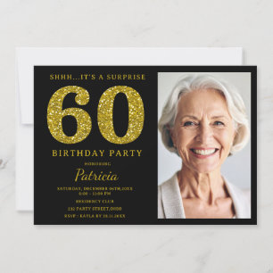 Convites Brilho Ouro Preto 60º Aniversário Surpresa Foto