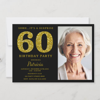 Convites Brilho Ouro Preto 60º Aniversário Surpresa Foto