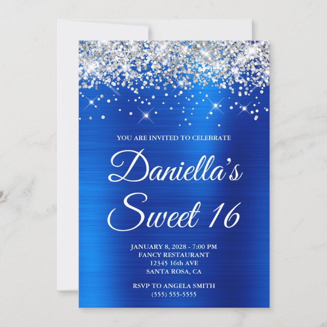Convites Brilho Prateado Azul Real Folha Sweet 16 (Frente)