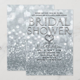 Convites Brilho Prateado Branco Bokeh Noiva Glam Shower