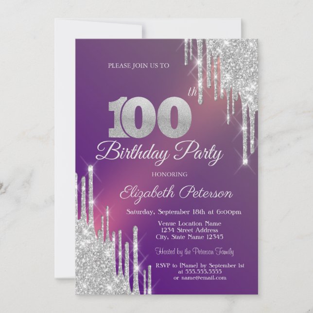 Convites Brilho Prateado Chic Gotas Roxo Aniversário de 100 (Frente)