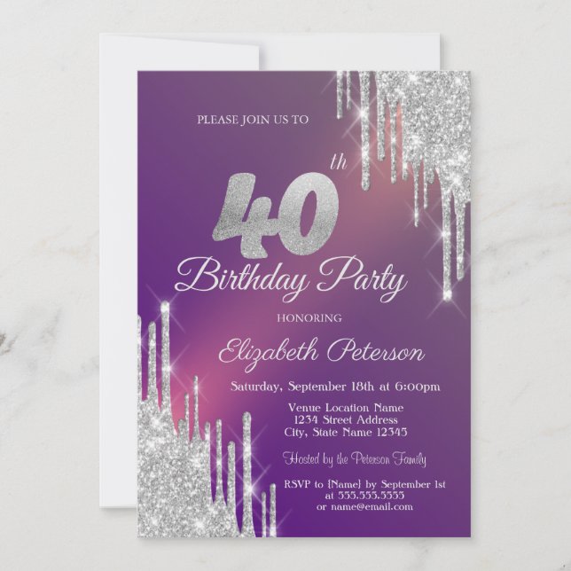 Convites Brilho Prateado Chic Gotas Roxo Aniversário de 40  (Frente)
