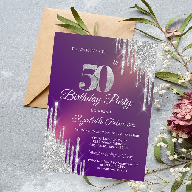 Convites Brilho Prateado Chic Gotas Roxo Aniversário de 50  (Criador carregado)