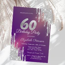 Convites Brilho Prateado Chic Gotas Roxo Aniversário de 60 