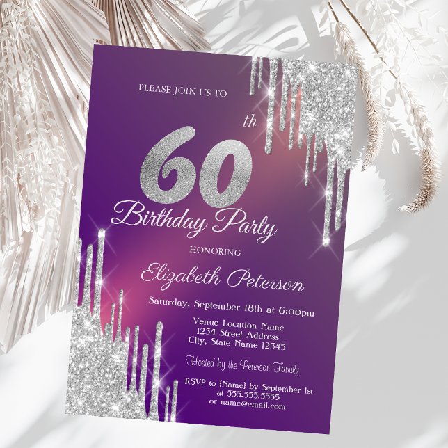 Convites Brilho Prateado Chic Gotas Roxo Aniversário de 60  (Criador carregado)