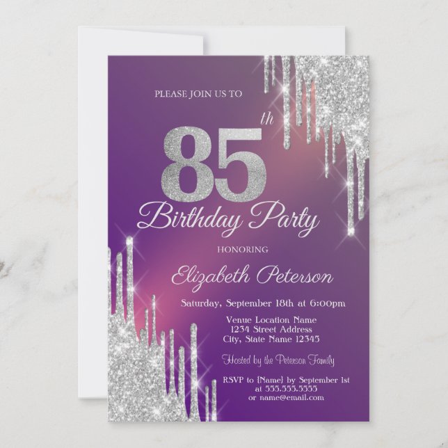 Convites Brilho Prateado Chic Gotas Roxo Aniversário de 85  (Frente)