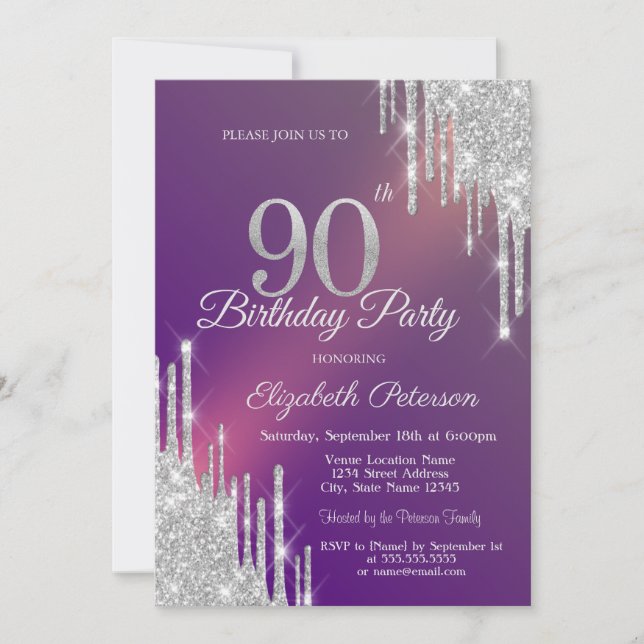 Convites Brilho Prateado Chic Gotas Roxo Aniversário de 90  (Frente)