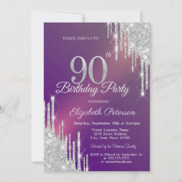 Convites Brilho Prateado Chic Gotas Roxo Aniversário de 90 
