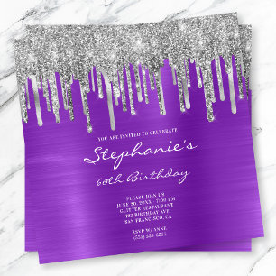 Convites Brilho Prateado com Glitter Roxo Folha 60º Anivers