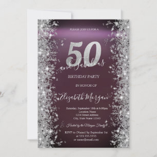 Convites Brilho Prateado Diamantes Borgonha 50º Aniversário