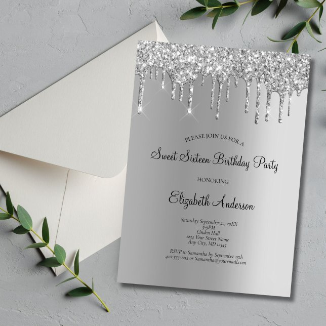 Convites Brilho Prateado Drip Glam Doce 16 Aniversário  (Silver Dripping Glitter Sweet Sixteen Birthday Party Invitation. Printed or Digital Download)