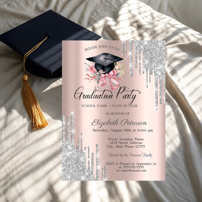 Convites Brilho Prateado Flores Gota Grad Cap Dourado Rosa (Criador carregado)